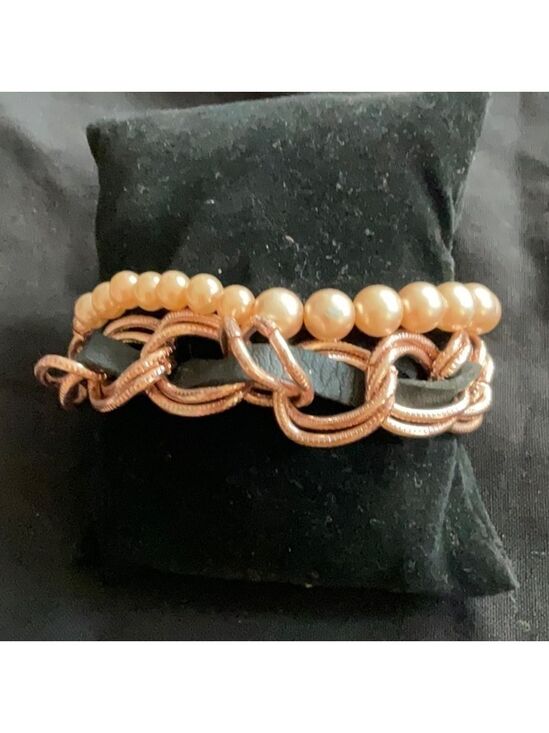 None Jewelry - Pearl Leather Gold Tone Chain Toggle Bracelet